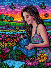 Preview of square diamond painting kit—girl in sun dress sitting among blooming flowers, 50x60cm canvas for DIY floral and feminine wall art.